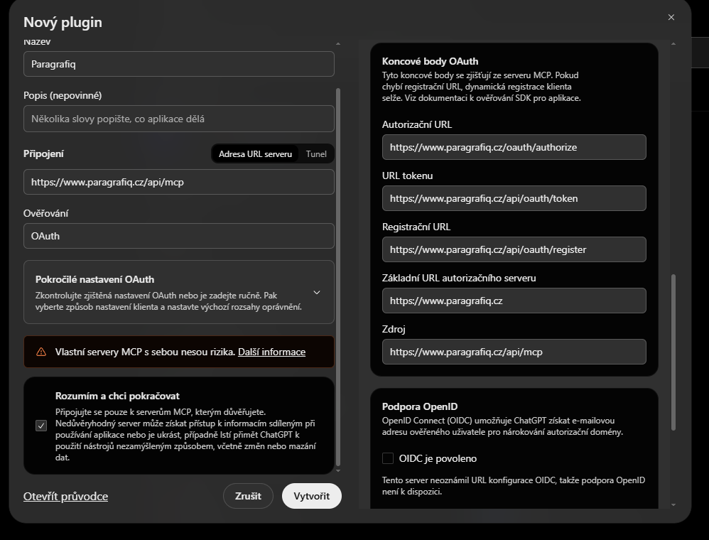 Dialog Nový plugin v ChatGPT: název Paragrafiq, adresa serveru https://www.paragrafiq.cz/api/mcp, ověřování OAuth, zaškrtnuté Rozumím a chci pokračovat a tlačítko Vytvořit