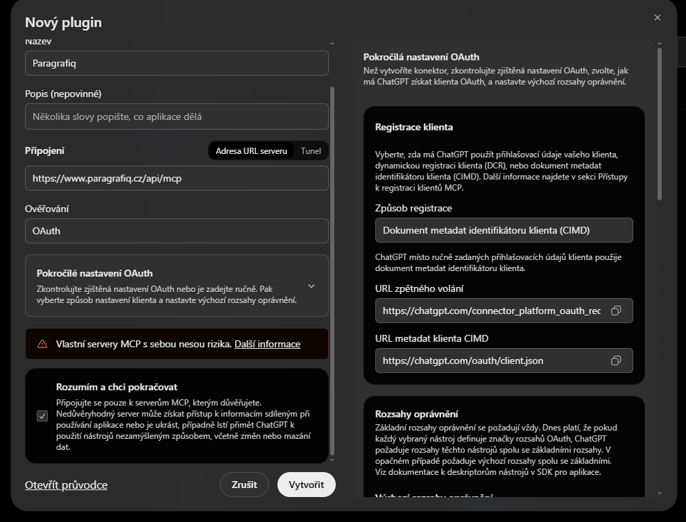 Pokročilé nastavení OAuth v dialogu Nový plugin: způsob registrace Dokument metadat identifikátoru klienta (CIMD)
