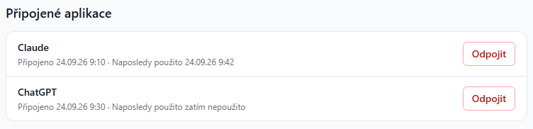 Seznam připojených aplikací v nastavení účtu s tlačítkem Odpojit u každé aplikace