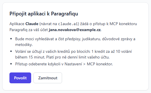 Obrazovka souhlasu v Paragrafiq: aplikace žádá o přístup k MCP konektoru, tlačítka Povolit a Zamítnout